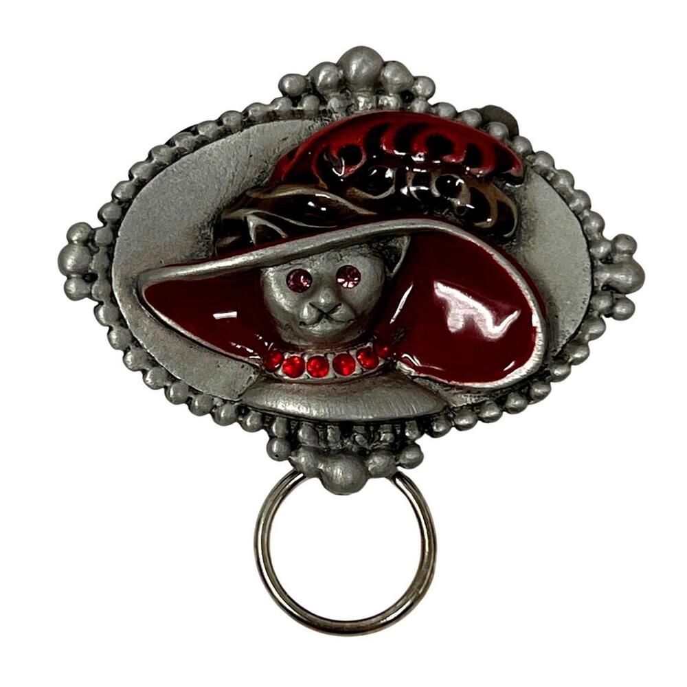 Red Hat Cat Magnetic Brooch / Eyeglass Holder, 2" x 1.5", Excellent Condition